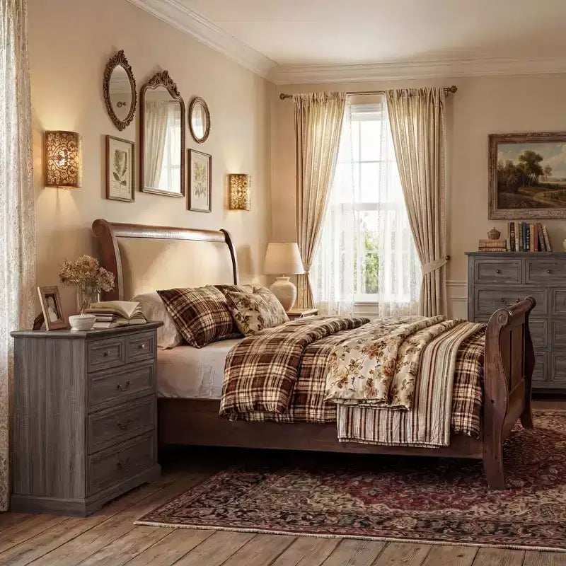 Famapy Table de Chevet de Ferme, Commode à 5 Tiroirs avec Boutons en Bronze Antique, pour Rangement de Chambre à Coucher, Commode Vieillie