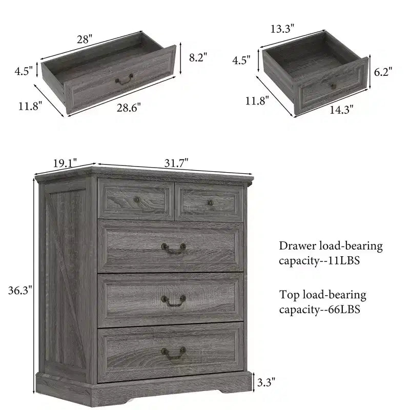 Famapy Table de Chevet de Ferme, Commode à 5 Tiroirs avec Boutons en Bronze Antique, pour Rangement de Chambre à Coucher, Commode Vieillie