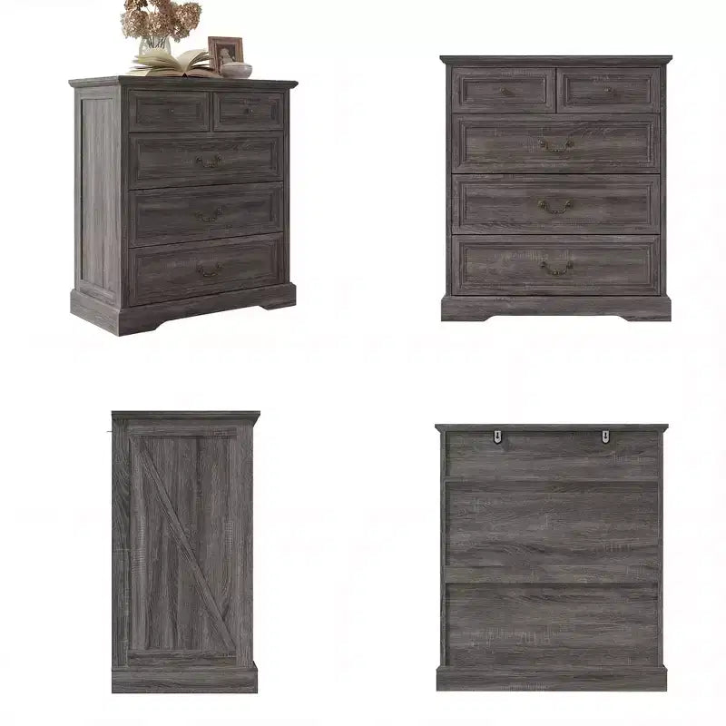 Famapy Table de Chevet de Ferme, Commode à 5 Tiroirs avec Boutons en Bronze Antique, pour Rangement de Chambre à Coucher, Commode Vieillie