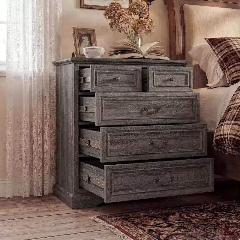 Famapy Table de Chevet de Ferme, Commode à 5 Tiroirs avec Boutons en Bronze Antique, pour Rangement de Chambre à Coucher, Commode Vieillie