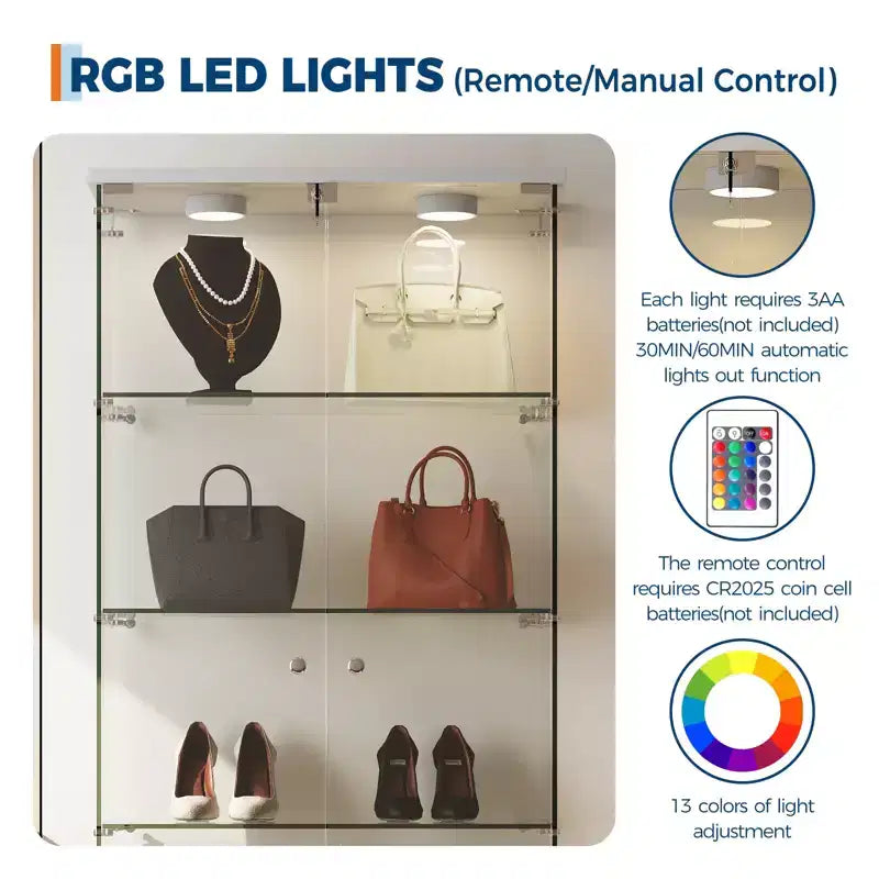 Vitrine à 5 niveaux avec 2 portes, unité de rangement transparente avec bande lumineuse LED et serrure, verre trempé, convient pour les salons, les chambres et les bureaux