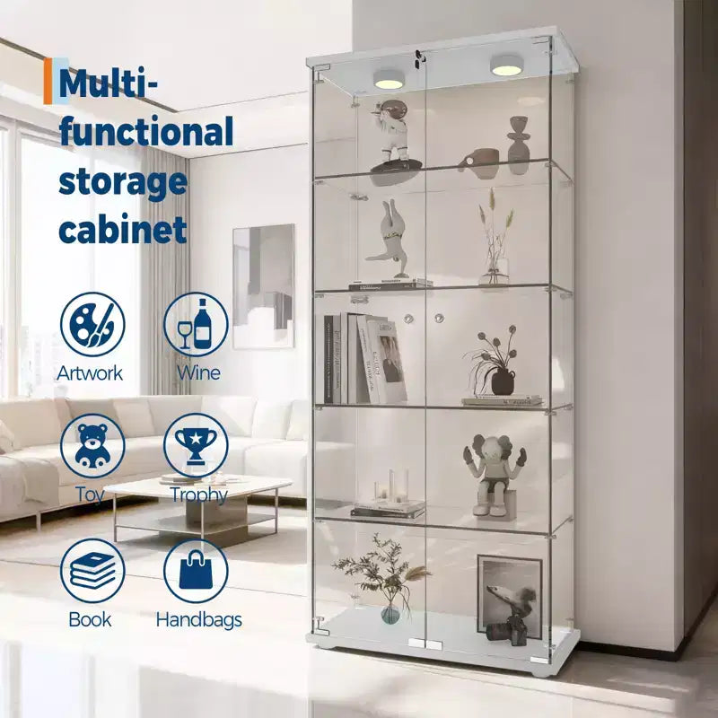 Vitrine à 5 niveaux avec 2 portes, unité de rangement transparente avec bande lumineuse LED et serrure, verre trempé, convient pour les salons, les chambres et les bureaux