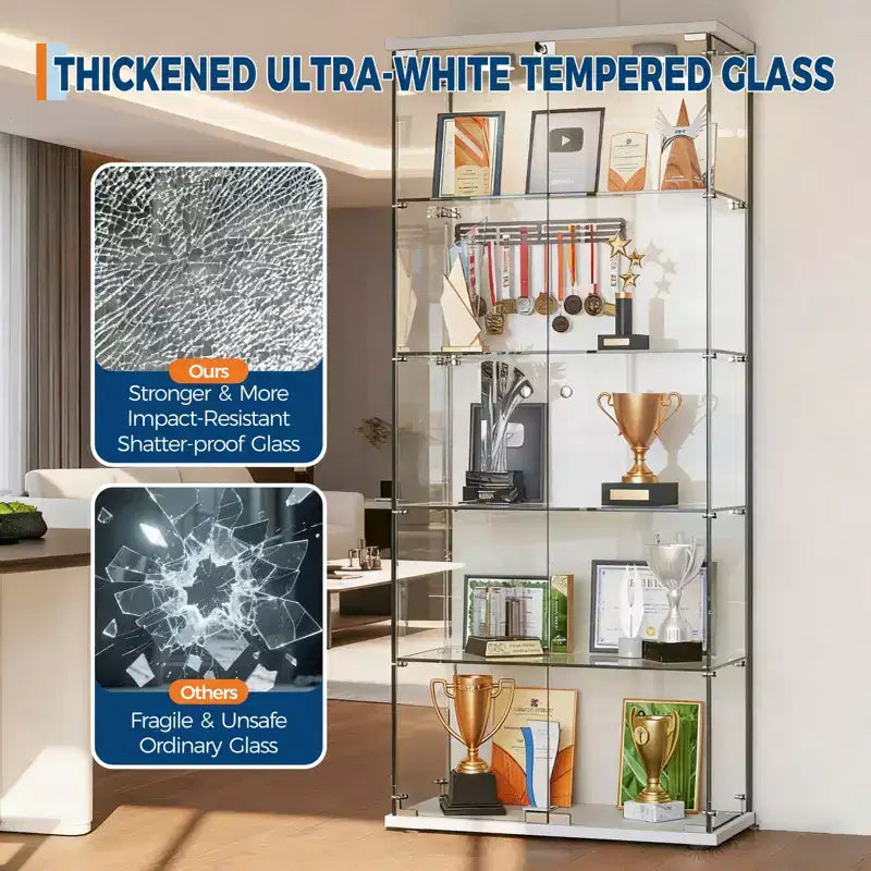 Vitrine à 5 niveaux avec 2 portes, unité de rangement transparente avec bande lumineuse LED et serrure, verre trempé, convient pour les salons, les chambres et les bureaux