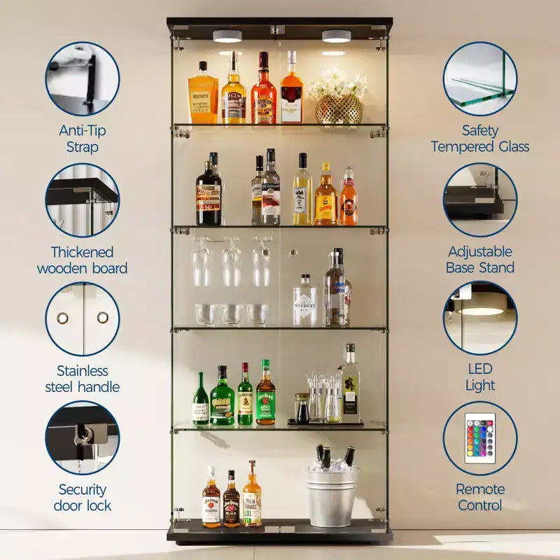 Vitrine à 5 niveaux avec 2 portes, unité de rangement transparente avec bande lumineuse LED et serrure, verre trempé, convient pour les salons, les chambres et les bureaux