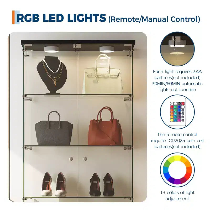 Vitrine à 5 niveaux avec 2 portes, unité de rangement transparente avec bande lumineuse LED et serrure, verre trempé, convient pour les salons, les chambres et les bureaux