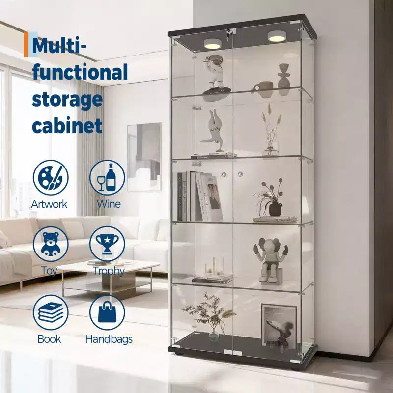 Vitrine à 5 niveaux avec 2 portes, unité de rangement transparente avec bande lumineuse LED et serrure, verre trempé, convient pour les salons, les chambres et les bureaux