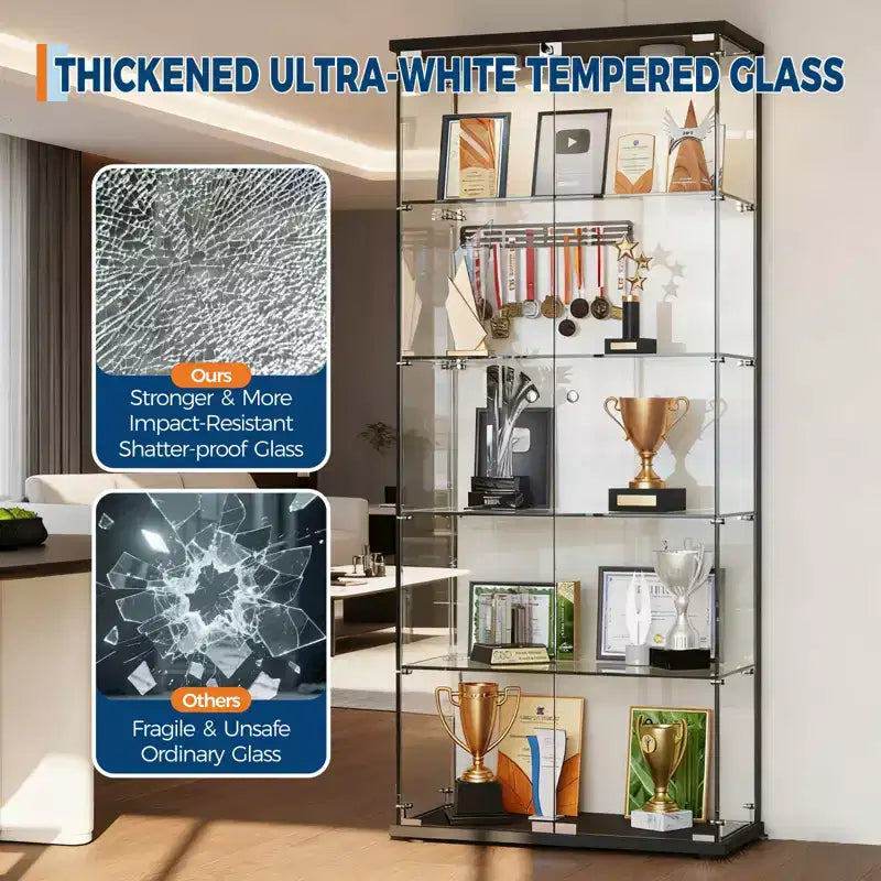 Vitrine à 5 niveaux avec 2 portes, unité de rangement transparente avec bande lumineuse LED et serrure, verre trempé, convient pour les salons, les chambres et les bureaux