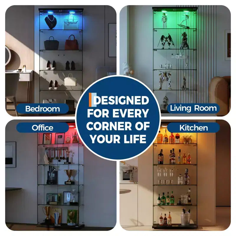 Vitrine à 5 niveaux avec 2 portes, unité de rangement transparente avec bande lumineuse LED et serrure, verre trempé, convient pour les salons, les chambres et les bureaux