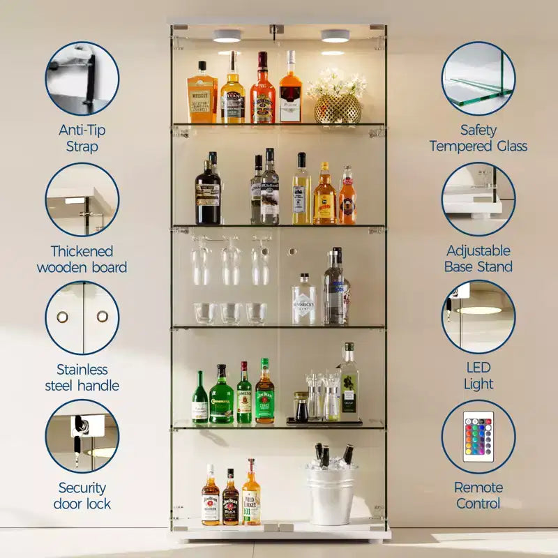 Vitrine à 5 niveaux avec 2 portes, unité de rangement transparente avec bande lumineuse LED et serrure, verre trempé, convient pour les salons, les chambres et les bureaux