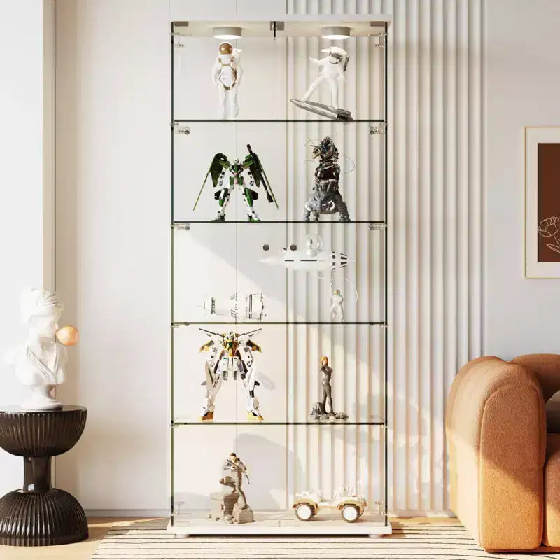 Vitrine à 5 niveaux avec 2 portes, unité de rangement transparente avec bande lumineuse LED et serrure, verre trempé, convient pour les salons, les chambres et les bureaux