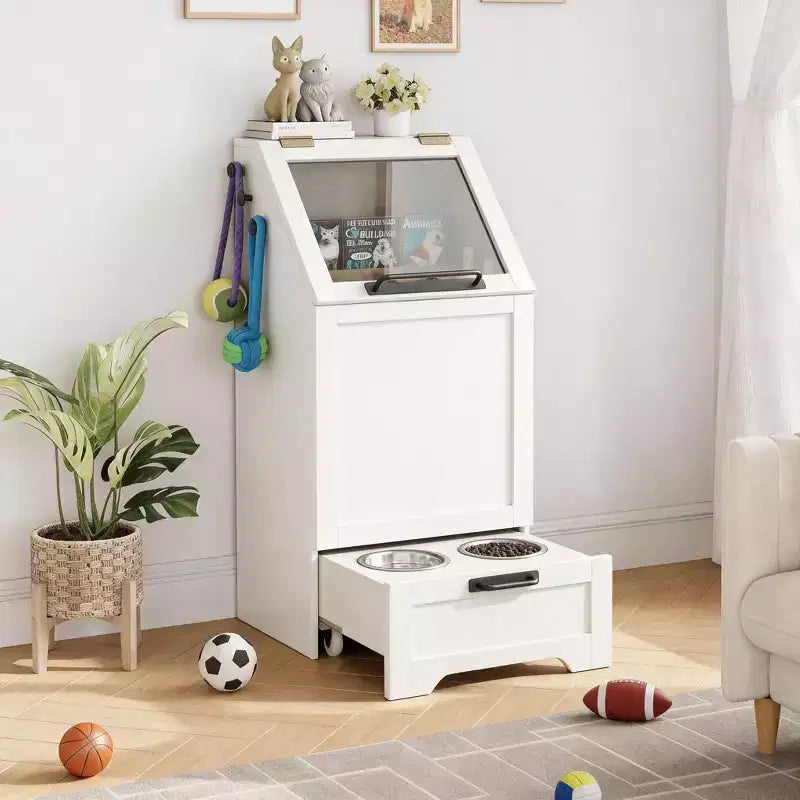CuisinSmart Station d'alimentation pour chien avec rangement, meuble de rangement pour croquettes avec 2 gamelles surélevées et 3 crochets, mangeoire pour animaux de compagnie discrète pour salon