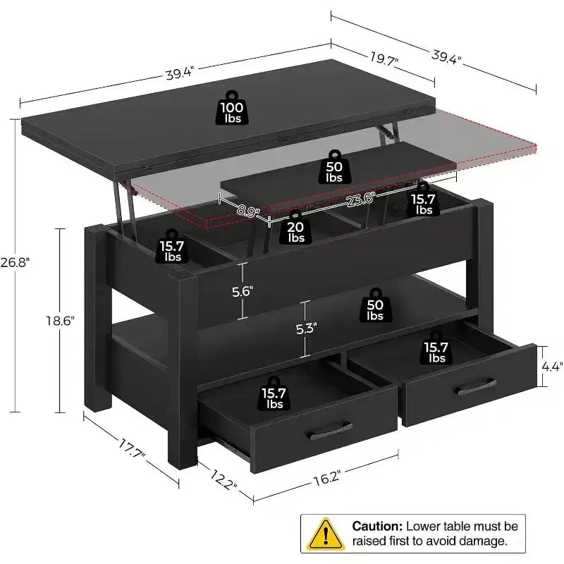 Table basse relevable séparable de 100 cm avec 2 tiroirs, convertible en table à manger, table centrale industrielle moderne pour salon et bureau