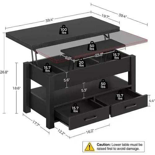 Table basse relevable séparable de 100 cm avec 2 tiroirs, convertible en table à manger, table centrale industrielle moderne pour salon et bureau