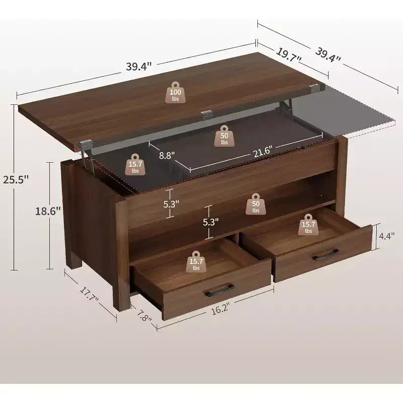 Table basse relevable séparable de 100 cm avec 2 tiroirs, convertible en table à manger, table centrale industrielle moderne pour salon et bureau