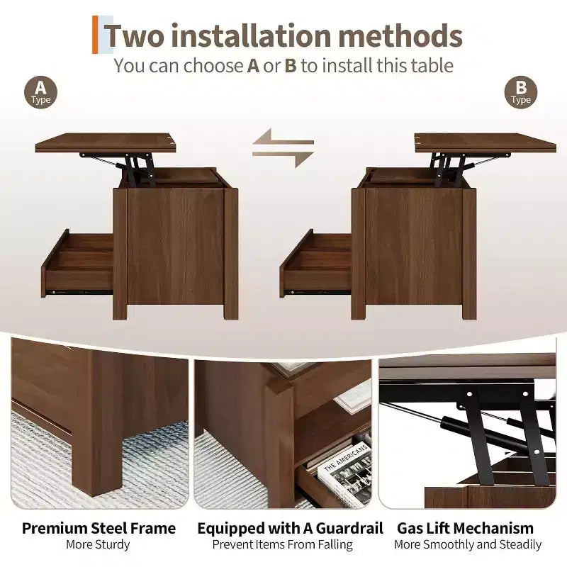 Table basse relevable séparable de 100 cm avec 2 tiroirs, convertible en table à manger, table centrale industrielle moderne pour salon et bureau