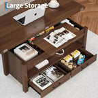 Table basse relevable séparable de 100 cm avec 2 tiroirs, convertible en table à manger, table centrale industrielle moderne pour salon et bureau