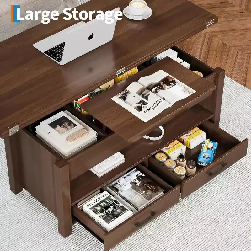 Table basse relevable séparable de 100 cm avec 2 tiroirs, convertible en table à manger, table centrale industrielle moderne pour salon et bureau