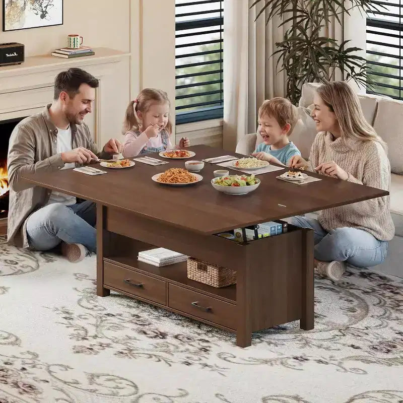 Table basse relevable séparable de 100 cm avec 2 tiroirs, convertible en table à manger, table centrale industrielle moderne pour salon et bureau