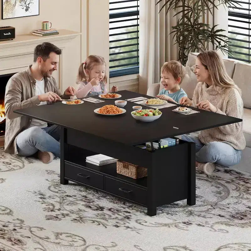 Table basse relevable séparable de 100 cm avec 2 tiroirs, convertible en table à manger, table centrale industrielle moderne pour salon et bureau
