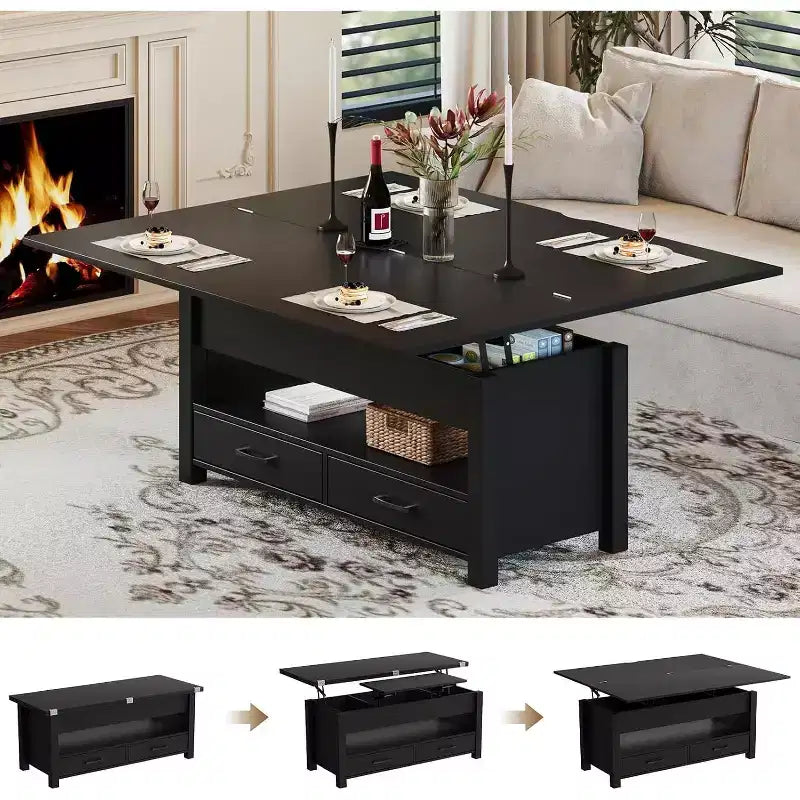 Table basse relevable séparable de 100 cm avec 2 tiroirs, convertible en table à manger, table centrale industrielle moderne pour salon et bureau