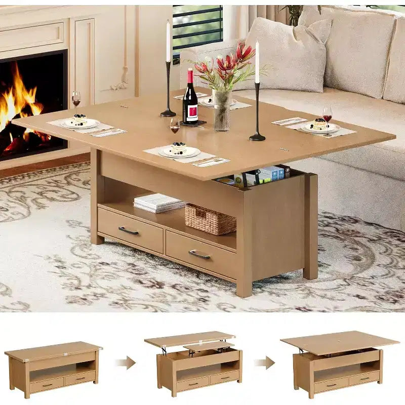 Table basse relevable séparable de 100 cm avec 2 tiroirs, convertible en table à manger, table centrale industrielle moderne pour salon et bureau