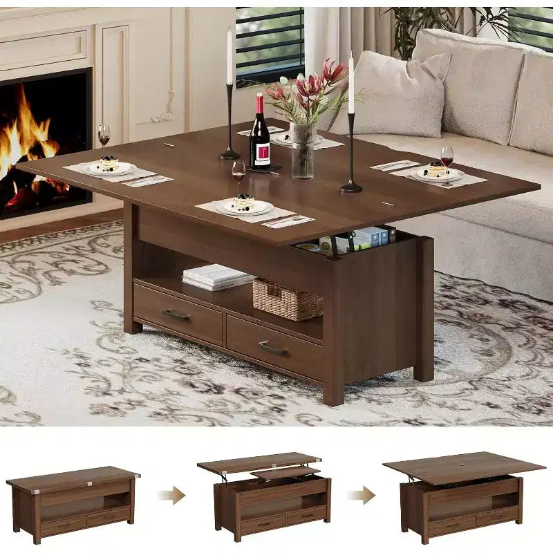 Table basse relevable séparable de 100 cm avec 2 tiroirs, convertible en table à manger, table centrale industrielle moderne pour salon et bureau