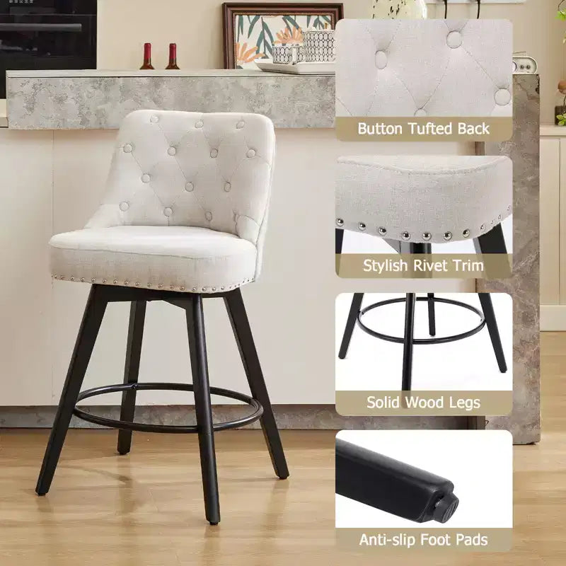 Tabourets de bar, lot de 4 tabourets de bar pivotants de 66 cm de hauteur avec dossier, pieds en bois et revêtement en lin beige