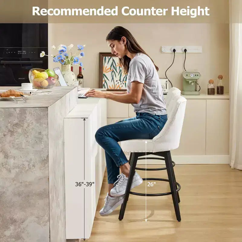 Tabourets de bar, lot de 4 tabourets de bar pivotants de 66 cm de hauteur avec dossier, pieds en bois et revêtement en lin beige