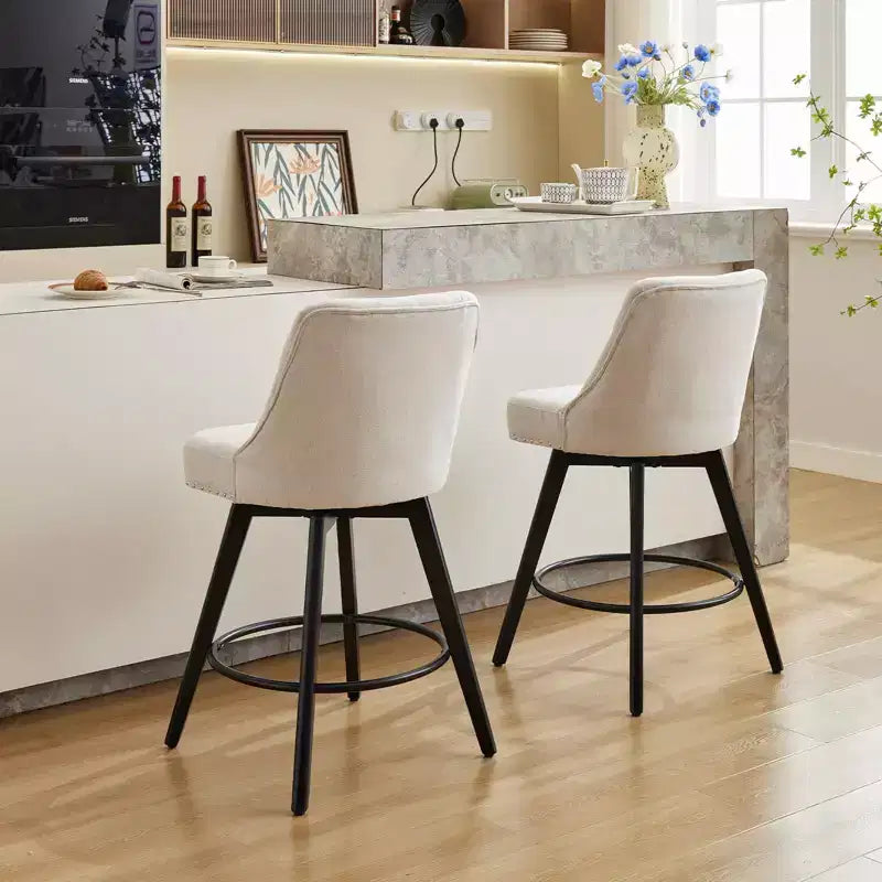 Tabourets de bar, lot de 4 tabourets de bar pivotants de 66 cm de hauteur avec dossier, pieds en bois et revêtement en lin beige