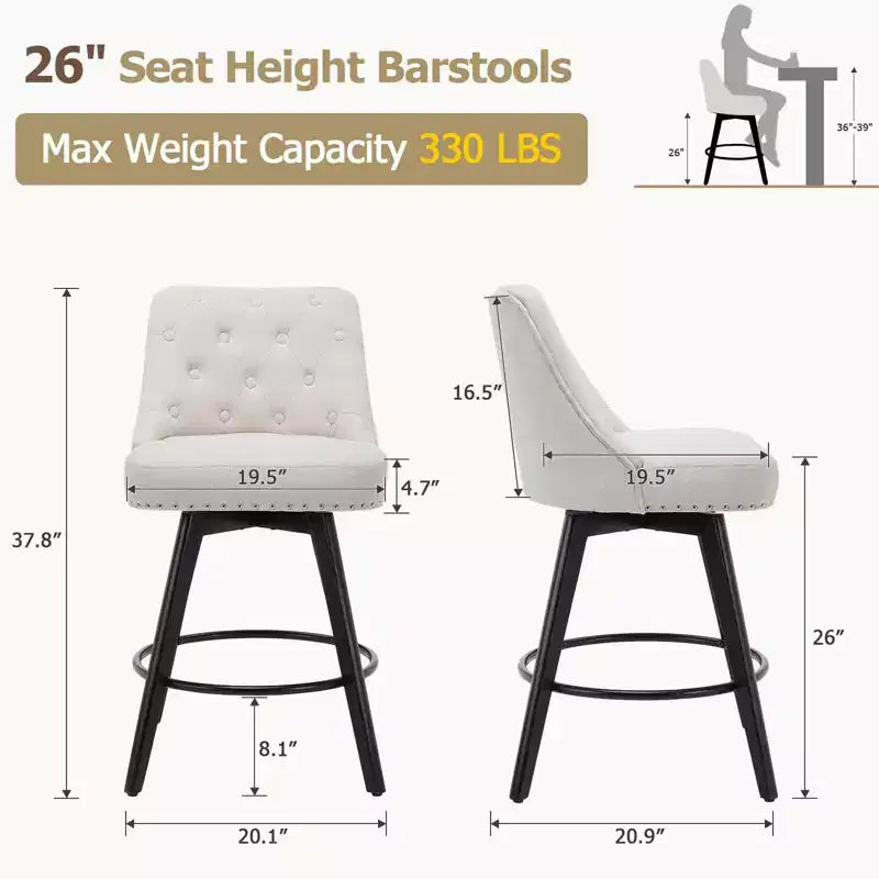 Tabourets de bar, lot de 4 tabourets de bar pivotants de 66 cm de hauteur avec dossier, pieds en bois et revêtement en lin beige