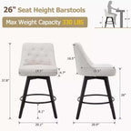 Tabourets de bar, lot de 4 tabourets de bar pivotants de 66 cm de hauteur avec dossier, pieds en bois et revêtement en lin beige