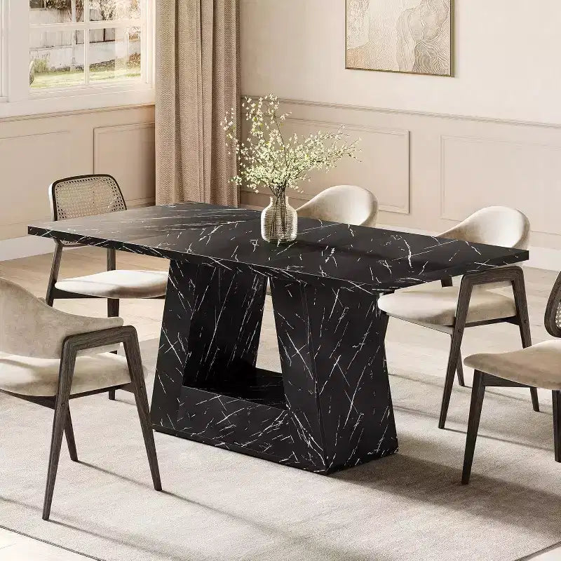 Table à manger Lantine de 63 po pour 4 à 6 personnes, table de salle à manger avec base en bois à piédestal triangulaire pour cuisine, salon, faux marbre noir
