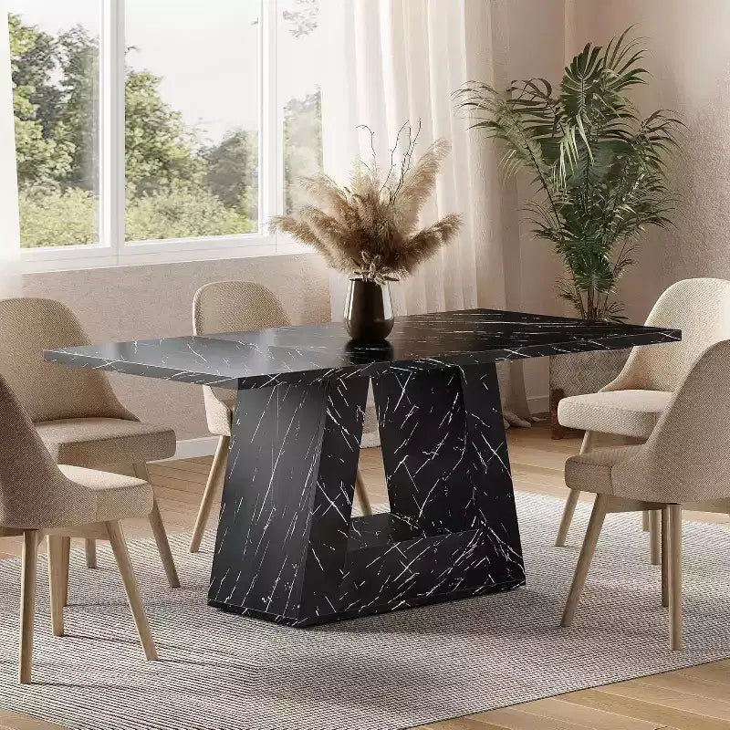 Table à manger Lantine de 63 po pour 4 à 6 personnes, table de salle à manger avec base en bois à piédestal triangulaire pour cuisine, salon, faux marbre noir