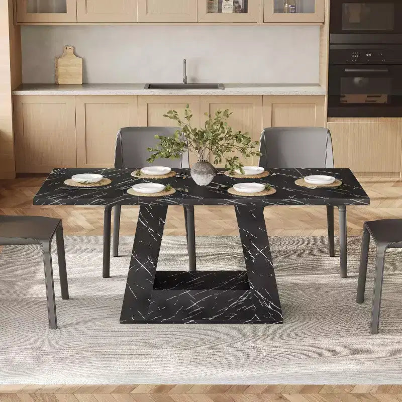 Table à manger Lantine de 63 po pour 4 à 6 personnes, table de salle à manger avec base en bois à piédestal triangulaire pour cuisine, salon, faux marbre noir