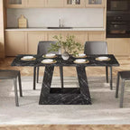 Table à manger Lantine de 63 po pour 4 à 6 personnes, table de salle à manger avec base en bois à piédestal triangulaire pour cuisine, salon, faux marbre noir