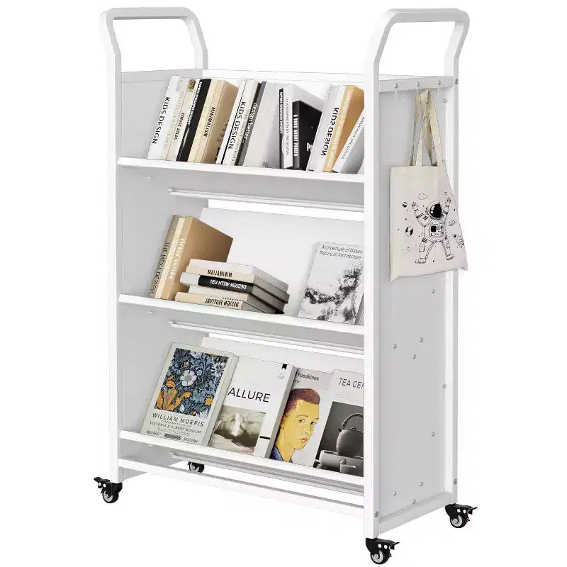 Storage Bookshelf, 3-Tier Metal Rolling Storage Shelving with 4 Lockable Wheels & Side Hooks, White