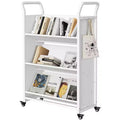 Storage Bookshelf, 3-Tier Metal Rolling Storage Shelving with 4 Lockable Wheels & Side Hooks, White