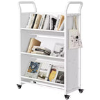 Storage Bookshelf, 3-Tier Metal Rolling Storage Shelving with 4 Lockable Wheels & Side Hooks, White