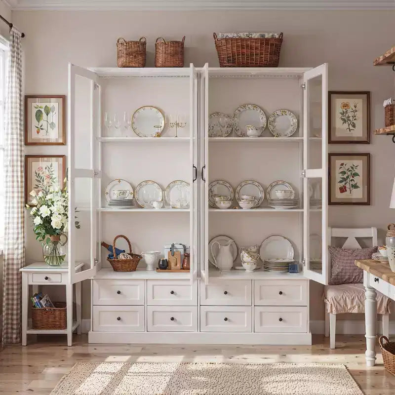 Meuble de Rangement de Cuisine Blanc Hitow avec Vitrine : Vitrine à Portes Vitrées de 160 cm + Éclairage LED RGB + Tiroir Organisateur – Buffet Spacieux pour la Maison