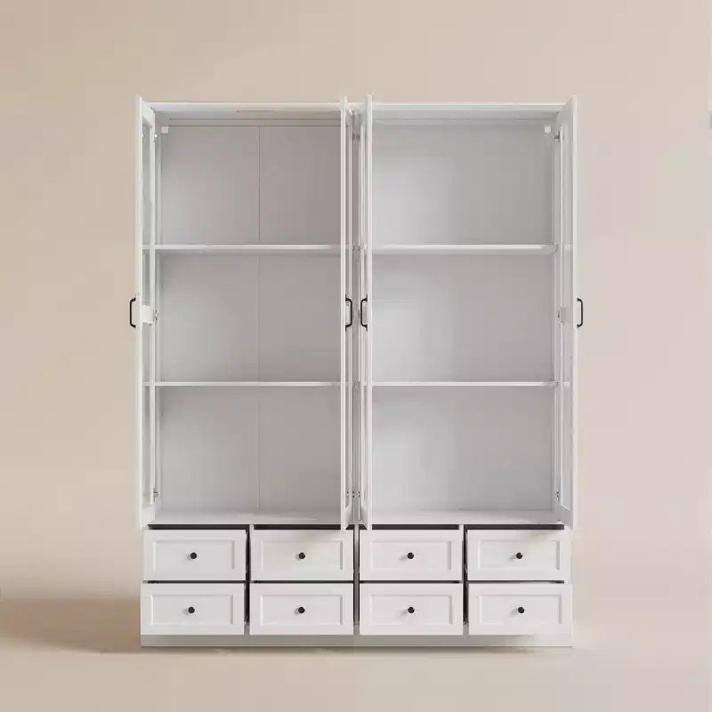 Meuble de Rangement de Cuisine Blanc Hitow avec Vitrine : Vitrine à Portes Vitrées de 160 cm + Éclairage LED RGB + Tiroir Organisateur – Buffet Spacieux pour la Maison