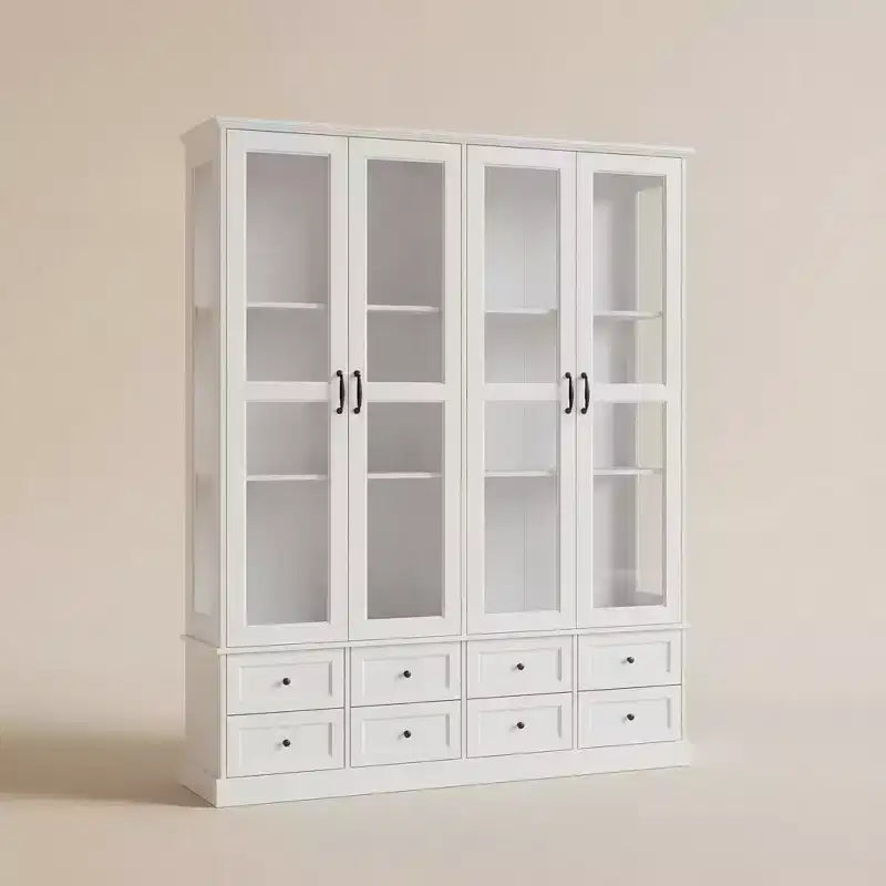 Meuble de Rangement de Cuisine Blanc Hitow avec Vitrine : Vitrine à Portes Vitrées de 160 cm + Éclairage LED RGB + Tiroir Organisateur – Buffet Spacieux pour la Maison