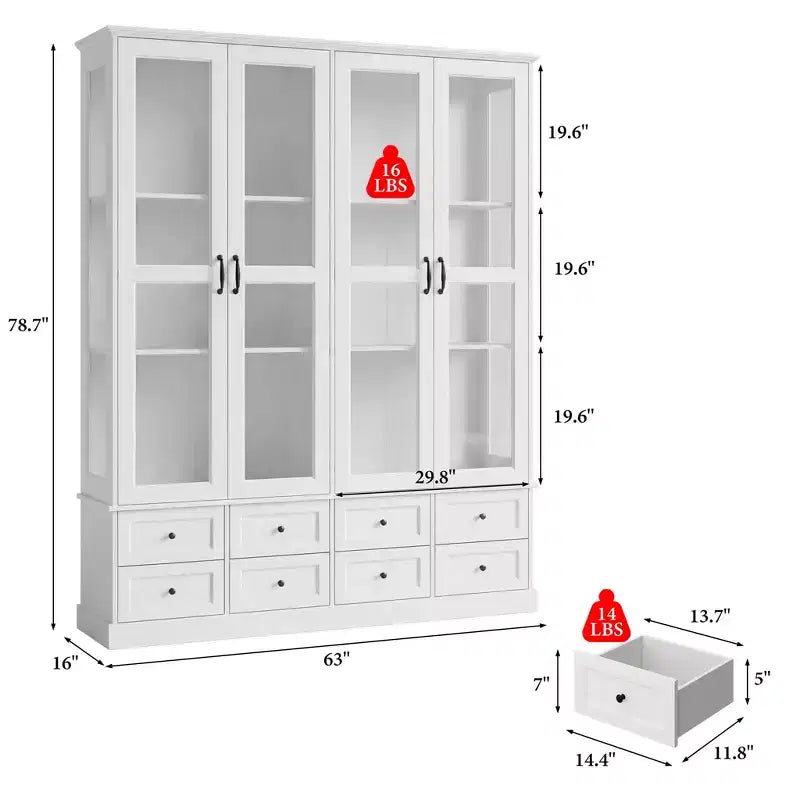 Meuble de Rangement de Cuisine Blanc Hitow avec Vitrine : Vitrine à Portes Vitrées de 160 cm + Éclairage LED RGB + Tiroir Organisateur – Buffet Spacieux pour la Maison
