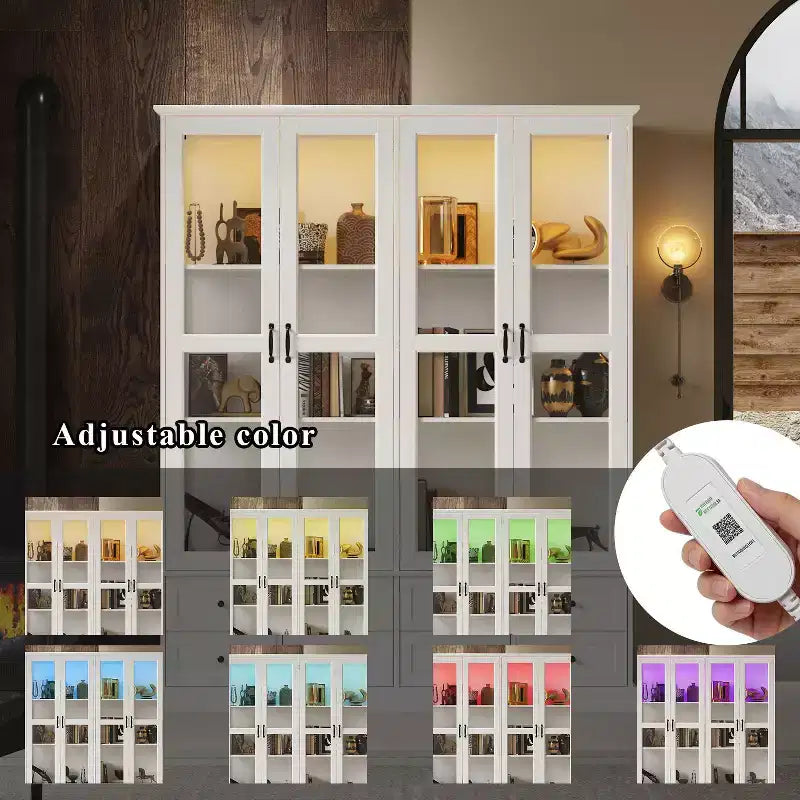 Meuble de Rangement de Cuisine Blanc Hitow avec Vitrine : Vitrine à Portes Vitrées de 160 cm + Éclairage LED RGB + Tiroir Organisateur – Buffet Spacieux pour la Maison