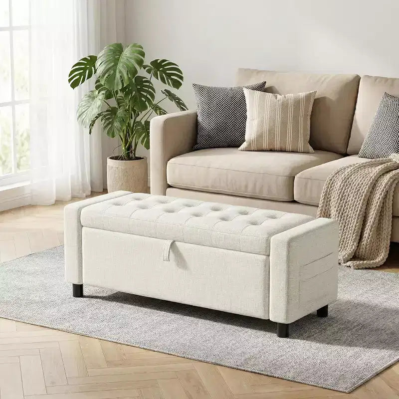 46 Tabouret de rangement pour chaussures avec charnières de sécurité, idéal pour la chambre à coucher, le salon et les bancs d'entrée, capacité de charge maximale de 180 kg