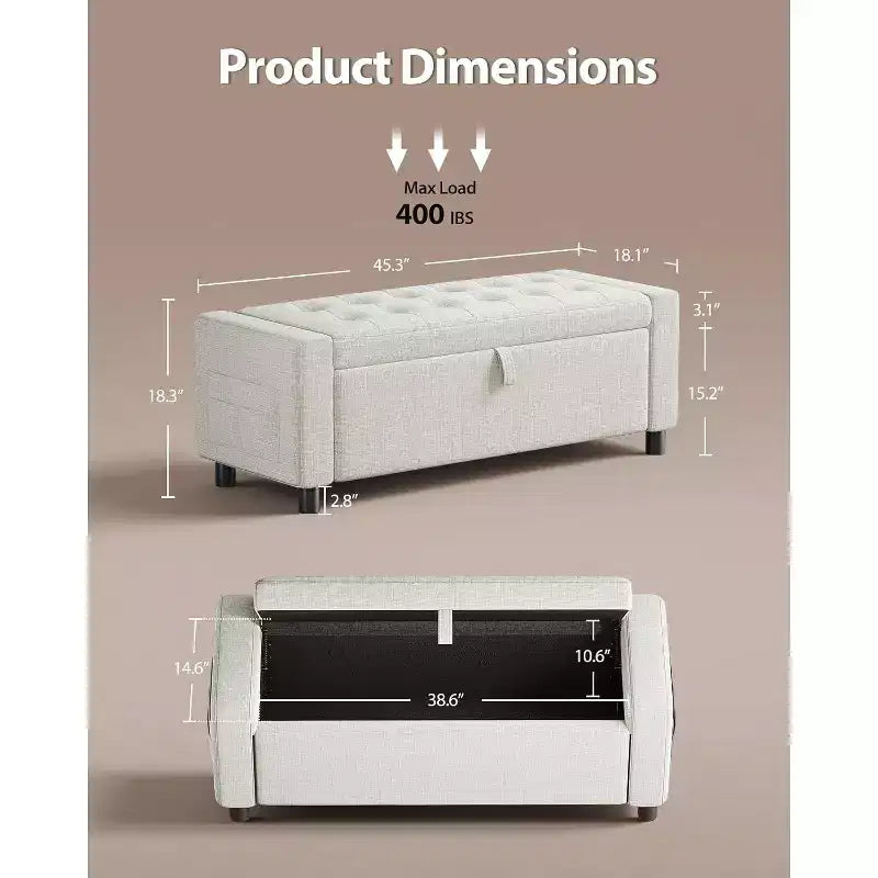 46 Tabouret de rangement pour chaussures avec charnières de sécurité, idéal pour la chambre à coucher, le salon et les bancs d'entrée, capacité de charge maximale de 180 kg