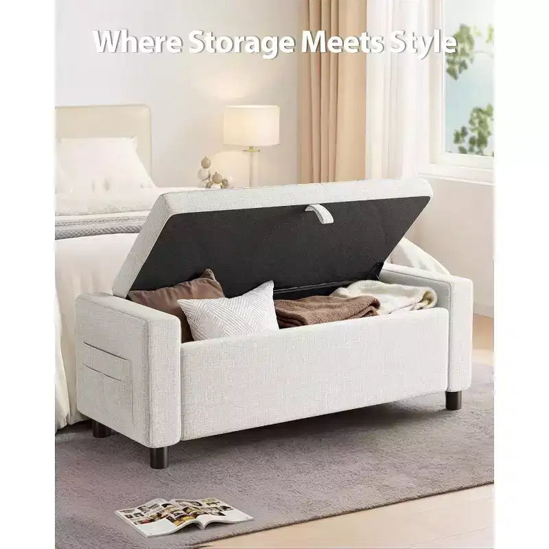 46 Tabouret de rangement pour chaussures avec charnières de sécurité, idéal pour la chambre à coucher, le salon et les bancs d'entrée, capacité de charge maximale de 180 kg