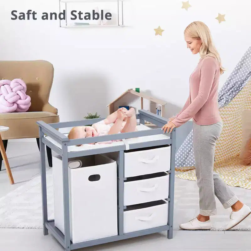 Commode à langer moderne pour bébé avec 3 tiroirs et panier à linge, meuble de chambre d'enfant