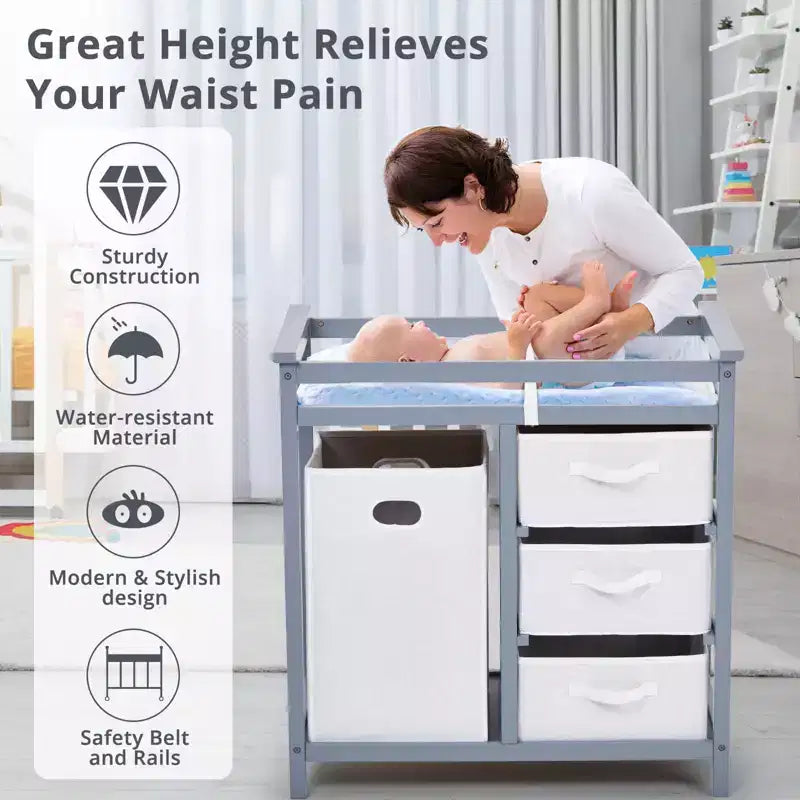 Commode à langer moderne pour bébé avec 3 tiroirs et panier à linge, meuble de chambre d'enfant