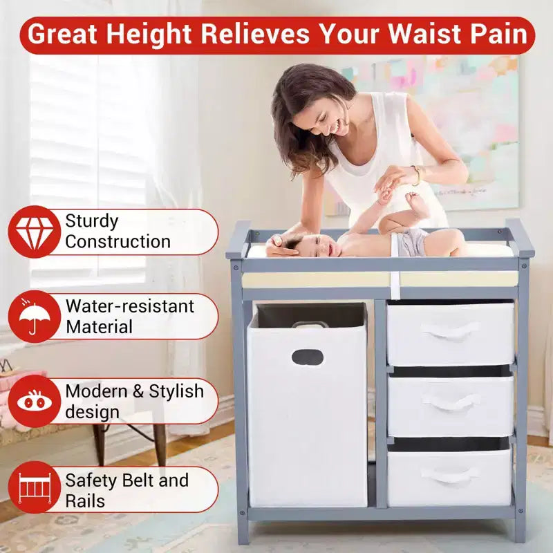 Commode à langer moderne pour bébé avec 3 tiroirs et panier à linge, meuble de chambre d'enfant