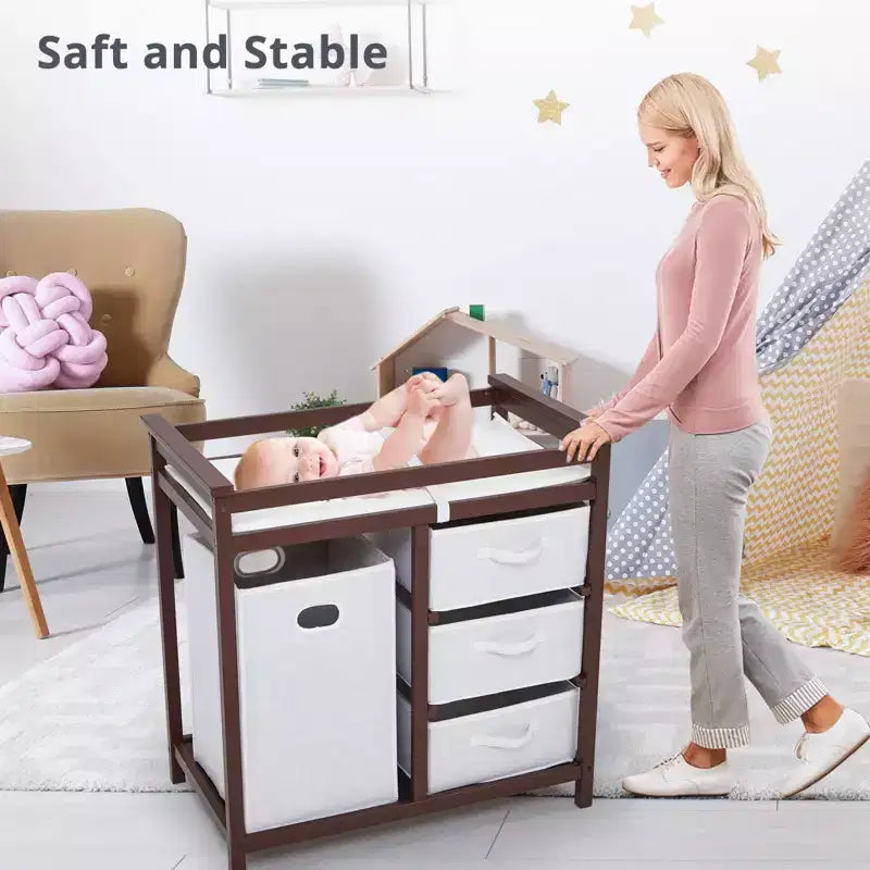 Commode à langer moderne pour bébé avec 3 tiroirs et panier à linge, meuble de chambre d'enfant